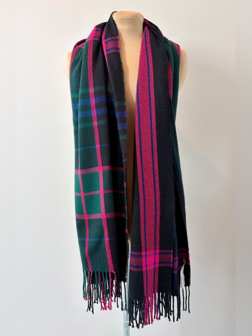 Lauren Ralph Lauren Plaid Scarf Wrap – Pink Green Tartan Fringe Scarf